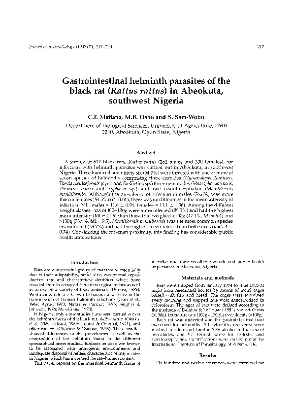 (PDF) Gastrointestinal helminth parasites of the black rat ( Rattus ...
