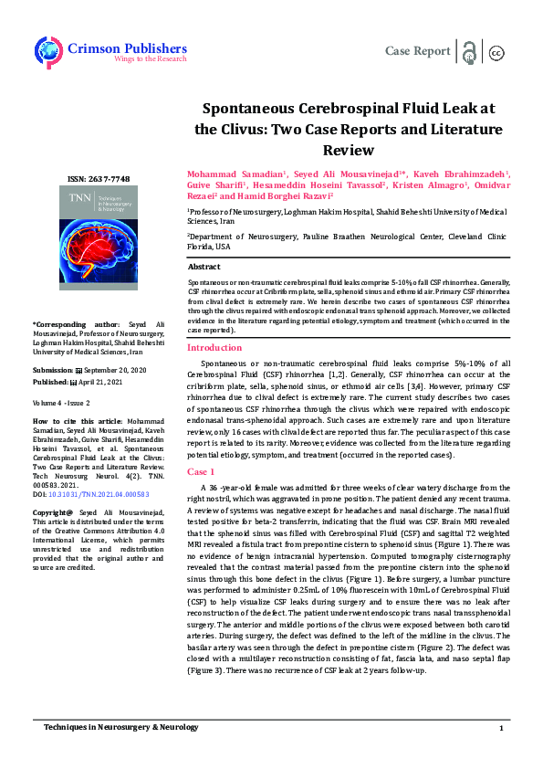 (PDF) Spontaneous Cerebrospinal Fluid Leak at the Clivus: Two Case ...