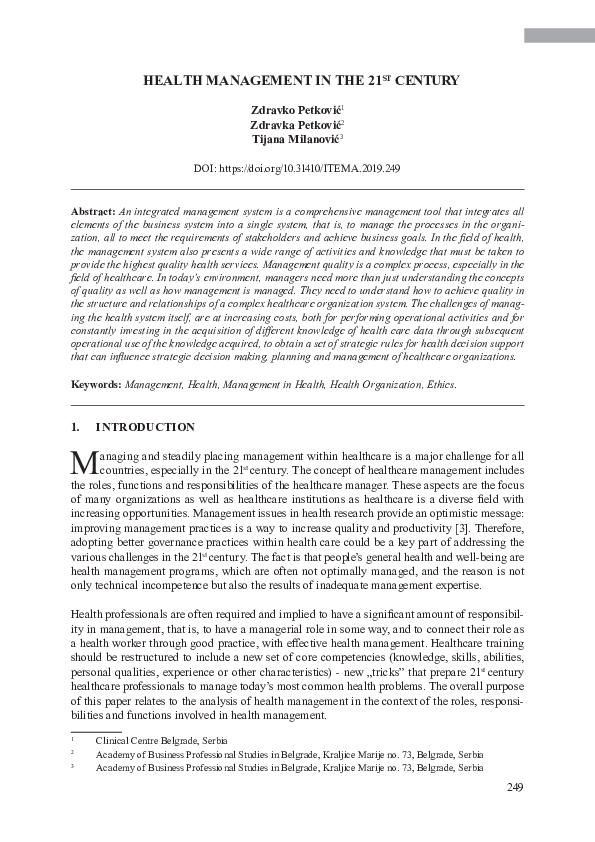 (PDF) Health Management in the 21ST Century