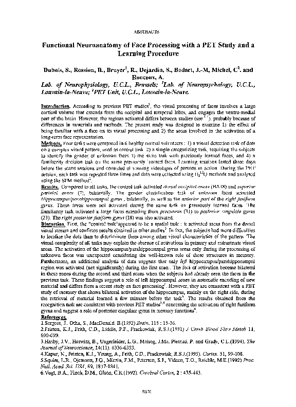(PDF) Functional neuroanatomy of face processing with a PET study and a ...