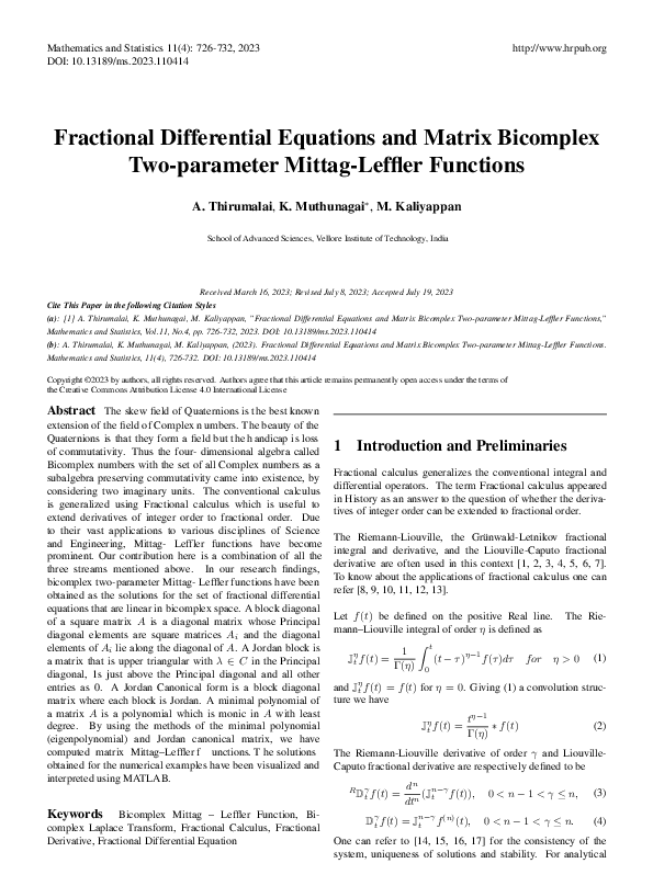 (PDF) Fractional Differential Equations and Matrix Bicomplex Two ...