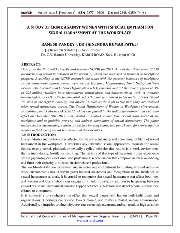 (PDF) A STUDY OF CRIME AGAINST WOMEN WITH SPECIAL EMPHASIS ON SEXUAL ...