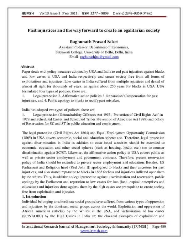 (PDF) Past injustices and the way forward to create an egalitarian society