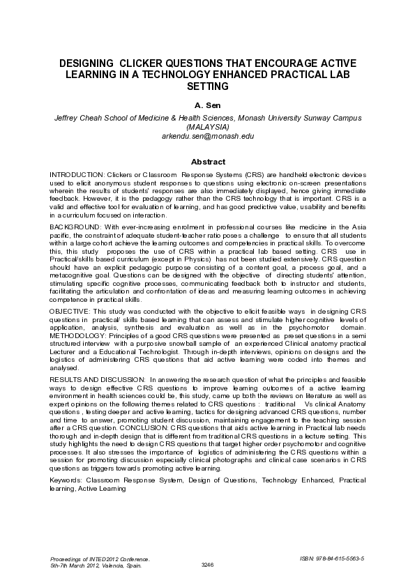 (PDF) DESIGNING CLICKER QUESTIONS THAT ENCOURAGE ACTIVE LEARNING IN A ...