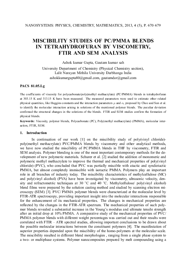 (PDF) Miscibility studies of PC/PMMA blends in tetrahydrofuran by ...