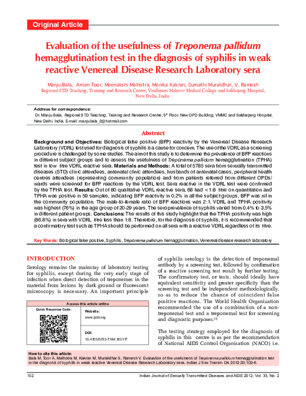 (PDF) Evaluation of the usefulness of Treponema pallidum ...