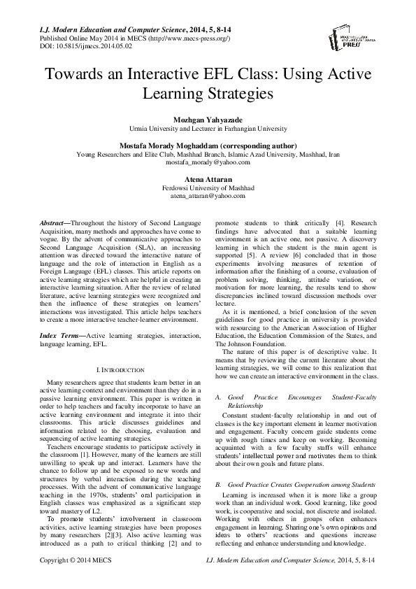 (PDF) Towards an Interactive EFL Class: Using Active Learning Strategies