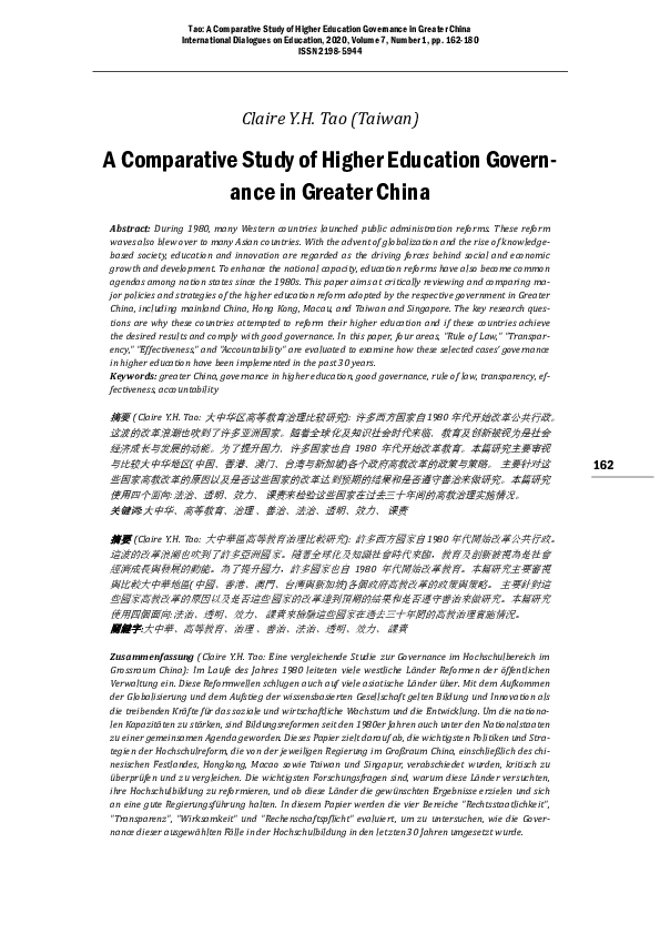 (PDF) A Comparative Study of Higher Education Governance in Greater China