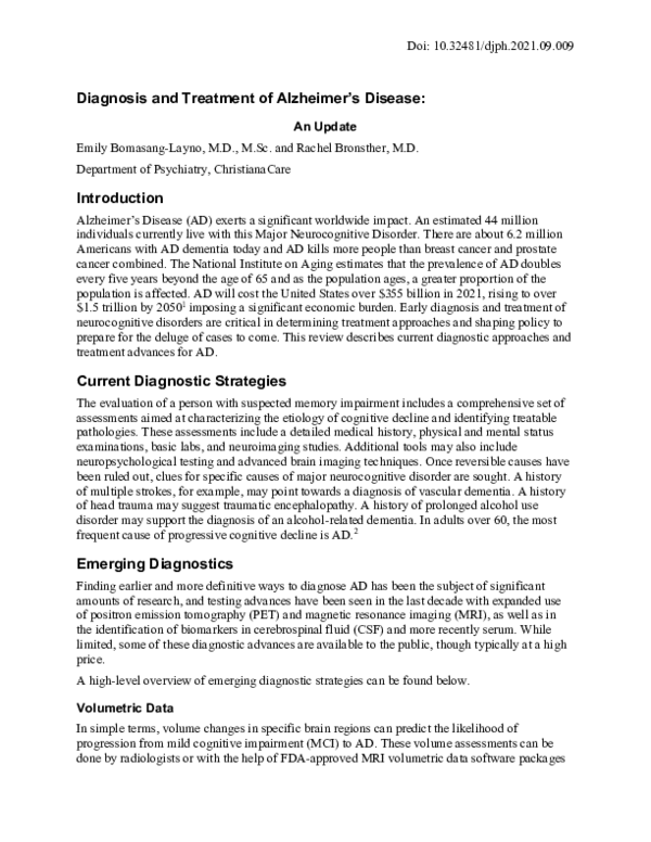 (PDF) Diagnosis and Treatment of Alzheimer’s Disease