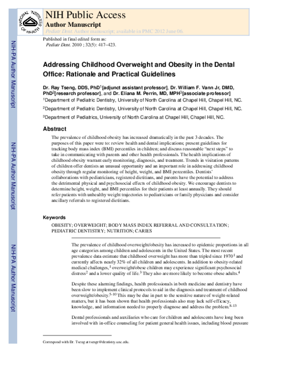 (PDF) Addressing childhood overweight and obesity in the dental office ...