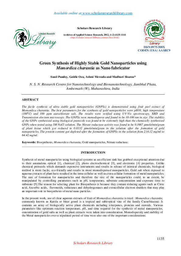 (PDF) Green Synthesis of Highly Stable Gold Nanoparticles using ...
