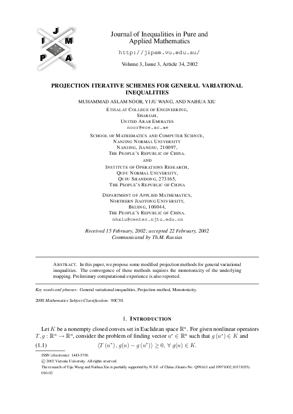 (PDF) Projection iterative schemes for general variational inequalities