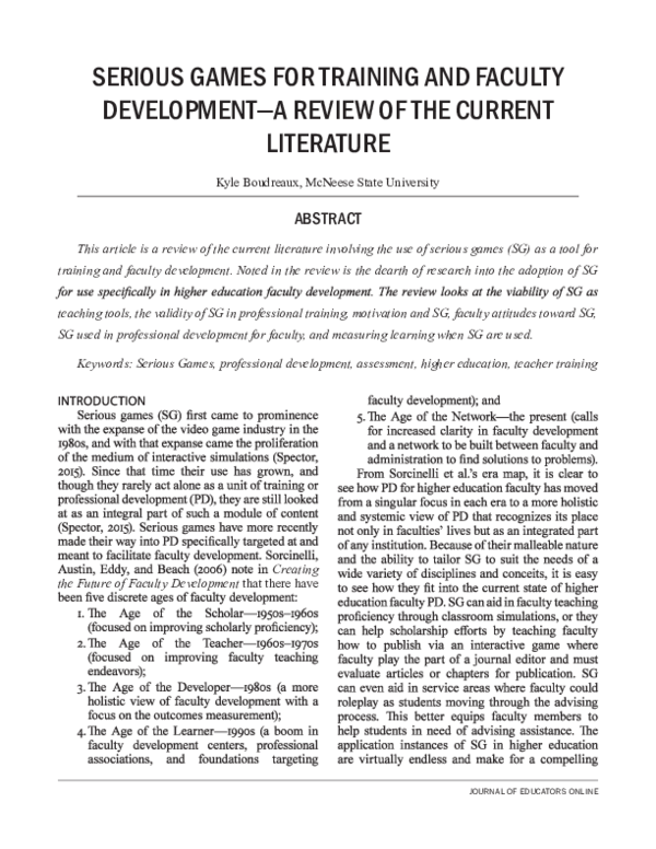 (PDF) Serious Games for Training and Faculty Development: A Review of ...