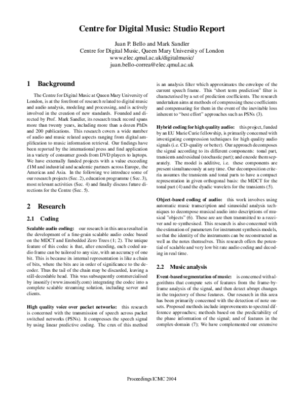 (PDF) Centre for Digital Music: Studio Report