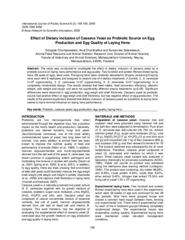 (PDF) Effect of Dietary Inclusion of Cassava Yeast as Probiotic Source ...