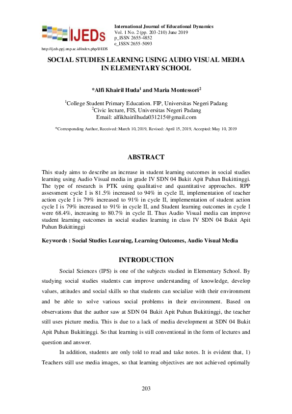 (PDF) Social Studies Learning Using Audio Visual Media in Elementary School