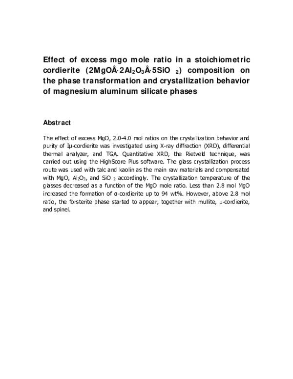 (PDF) Effect of Excess MgO Mole Ratio in a Stoichiometric Cordierite ...