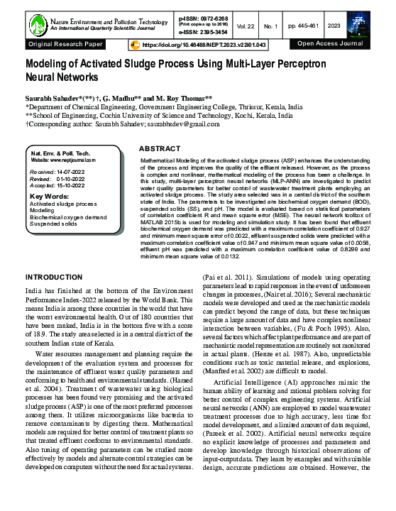 (PDF) Modeling of Activated Sludge Process Using Multi-Layer Perceptron ...