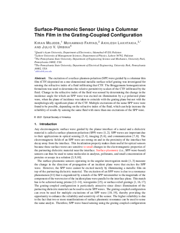 (PDF) Surface-plasmonic sensor using a columnar thin film in the ...