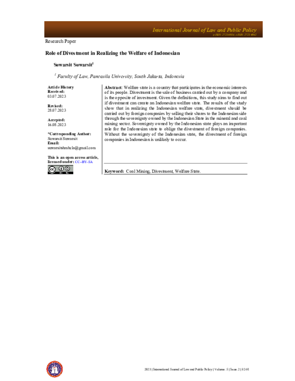(PDF) Role of Divestment in Realizing the Welfare of Indonesian