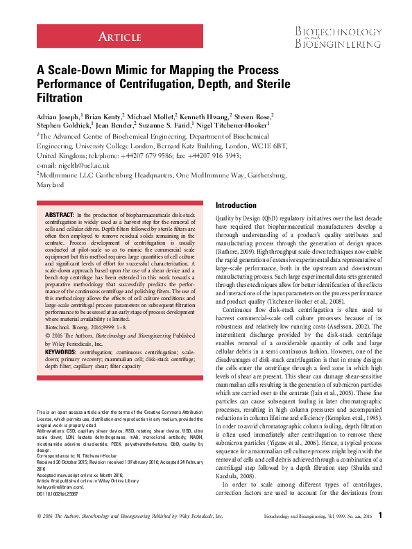 (PDF) A scaledown mimic for mapping the process performance of