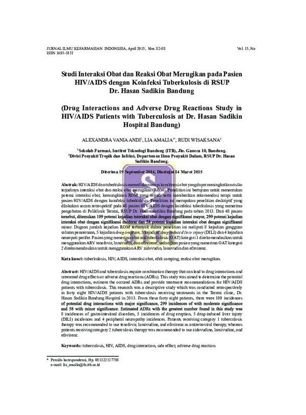 (PDF) Drug Interactions and Adverse Drug Reactions Study in HIV/AIDS ...