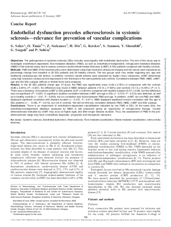 (PDF) Endothelial dysfunction precedes atherosclerosis in systemic ...
