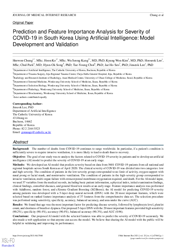 (PDF) Prediction and Feature Importance Analysis for Severity of COVID ...