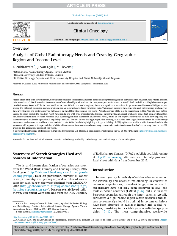 (PDF) Analysis of Global Radiotherapy Needs and Costs by Geographic ...