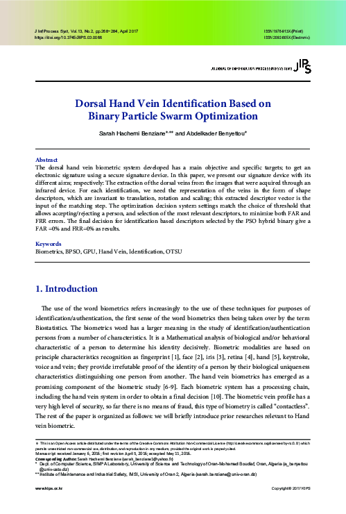 (PDF) Dorsal Hand Vein Identification Based on Binary Particle Swarm ...