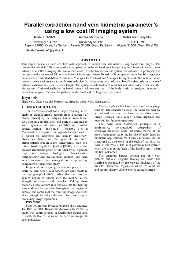 (PDF) Parallel extraction hand vein biometric parameter’s using a low ...