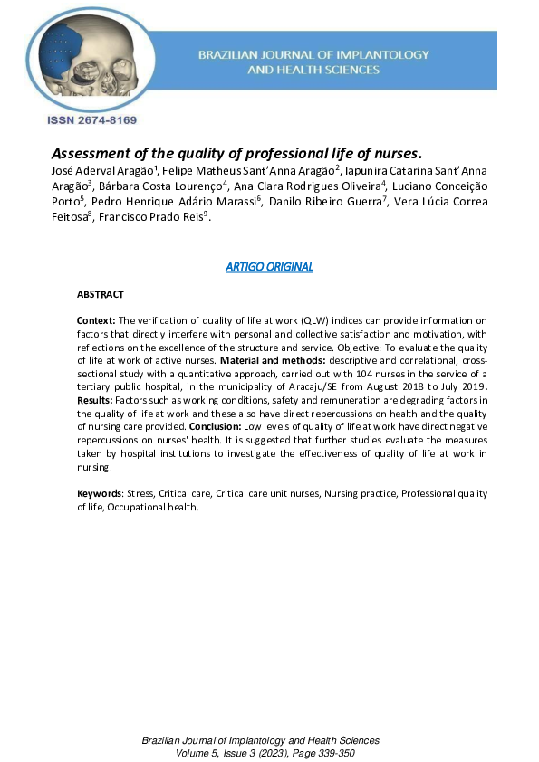 (PDF) Assessment of the quality of professional life of nurses