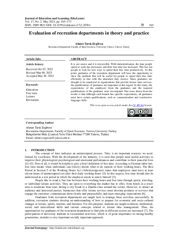 (PDF) Evaluation of recreation departments in theory and practice