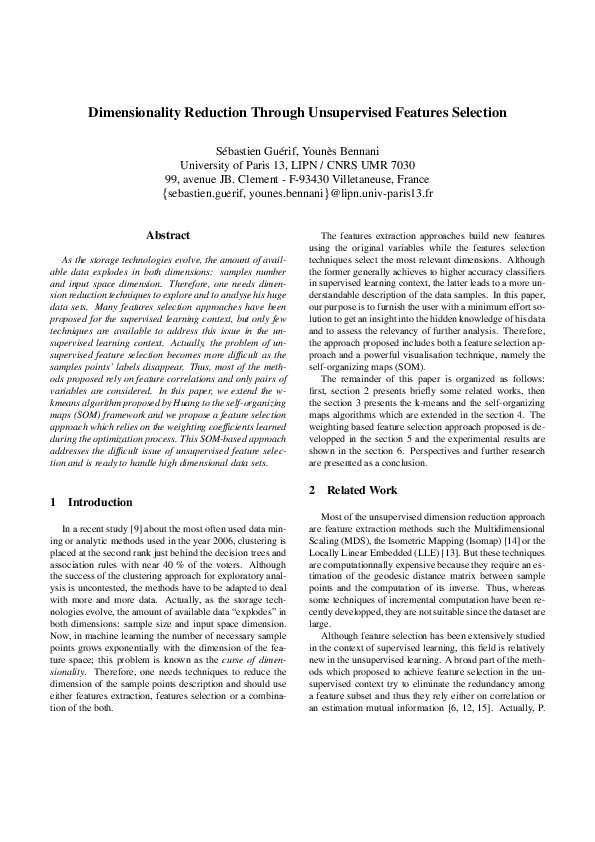 (PDF) Dimensionality Reduction Through Unsupervised Features Selection
