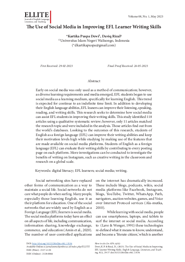 (PDF) The Use of Social Media in Improving EFL Learner Writing Skills