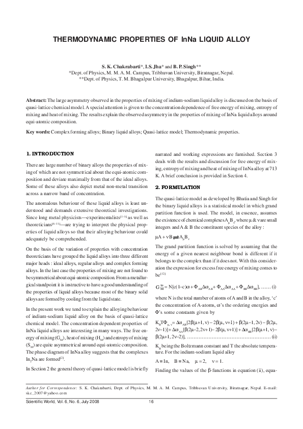 (PDF) Thermodynamic Properties of InNa Liquid Alloy