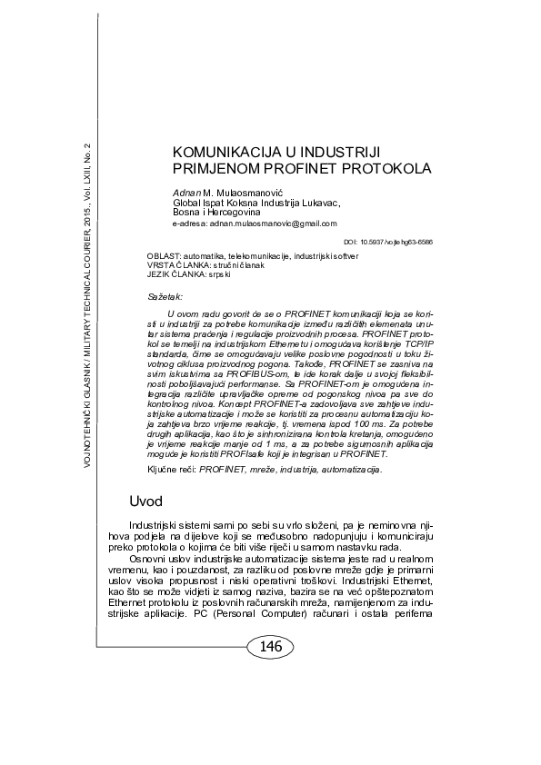 (PDF) Communication in industry by using the PROFINET protocol