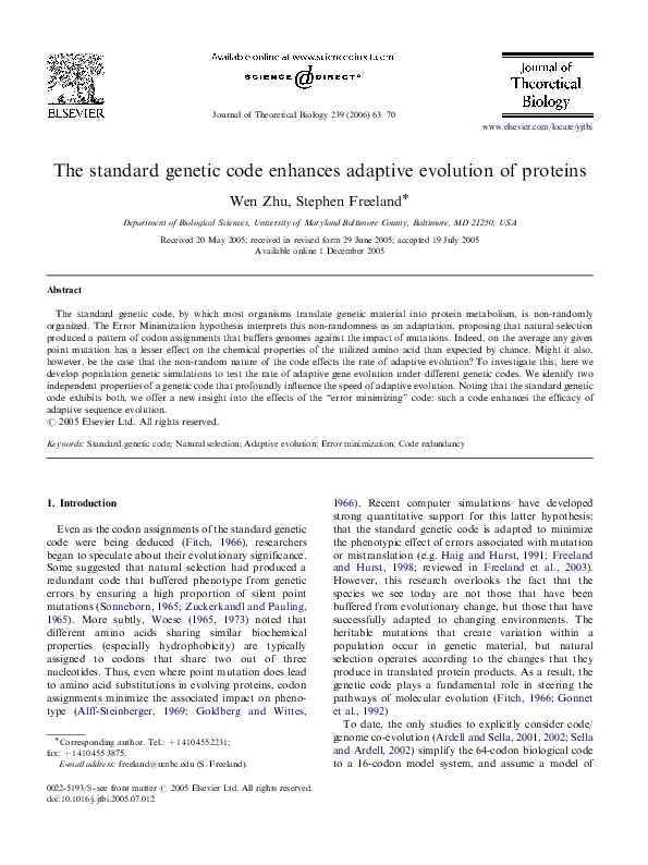 (PDF) The standard genetic code enhances adaptive evolution of proteins