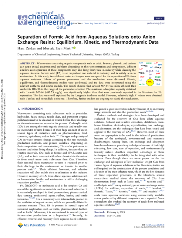Separation of Formic Acid from Aqueous Solutions onto Anion Exchange Resins: Equilibrium, Kinetic, and Thermodynamic Data