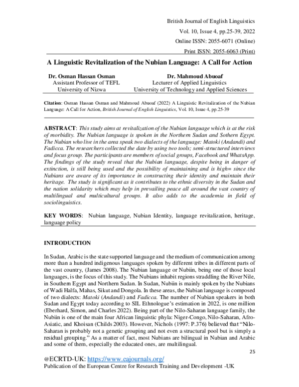 (PDF) A Linguistic Revitalization of the Nubian Language: A Call for Action