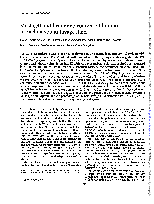 (PDF) Mast cell and histamine content of human bronchoalveolar lavage fluid