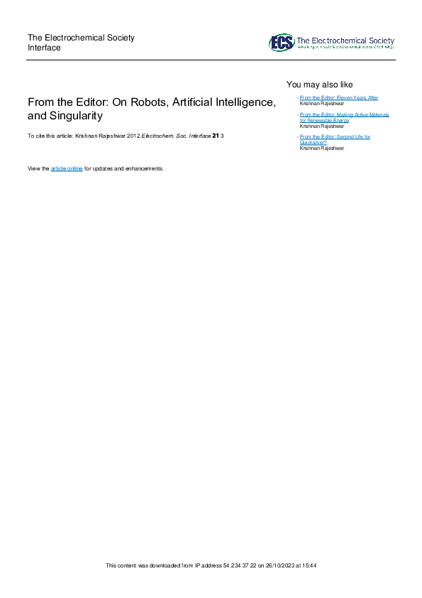 (PDF) From the Editor: On Robots, Artificial Intelligence, and Singularity