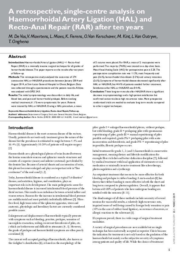(PDF) A retrospective , single-centre analysis on Haemorrhoidal Artery ...