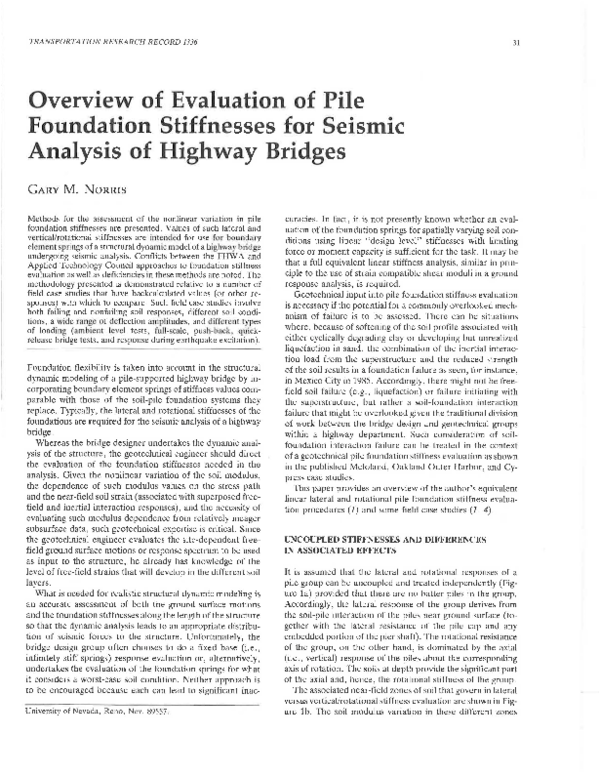 Pdf Overview Of Evaluation Of Pile Foundation Stiffnesses For Seismic
