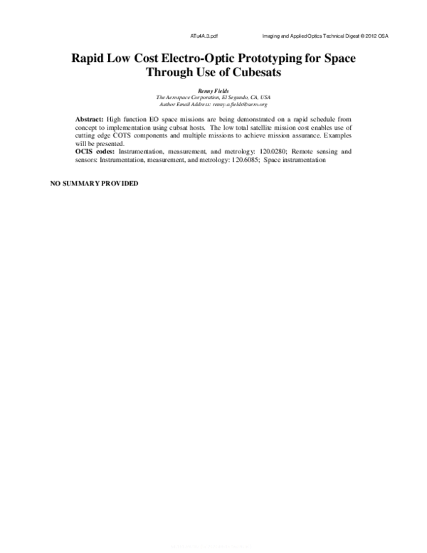 (PDF) Rapid Low Cost Electro-Optic Prototyping for Space Through Use of ...