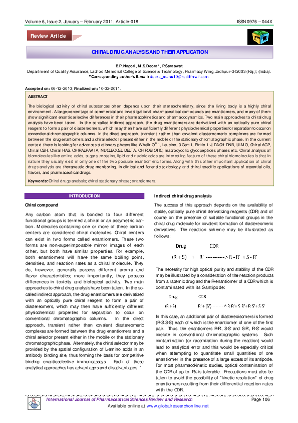 (PDF) CHIRAL DRUG ANALYSIS AND THEIR APPLICATION Review Article