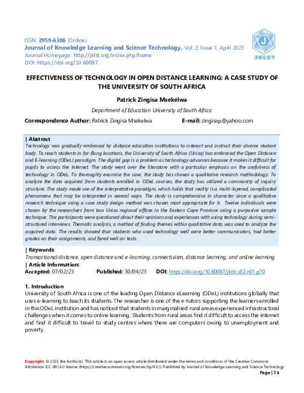 (PDF) Effectiveness of technology in Open Distance Learning A case ...