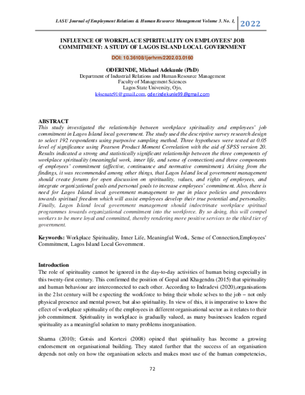 (PDF) INFLUENCE OF WORKPLACE SPIRITUALITY ON EMPLOYEES' JOB COMMITMENT ...