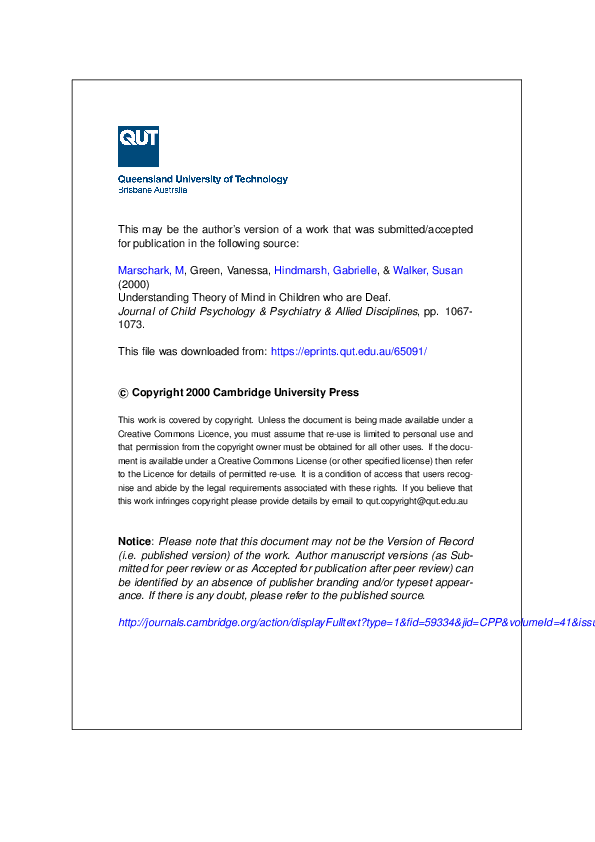 (PDF) Understanding Theory of Mind in Children Who Are Deaf