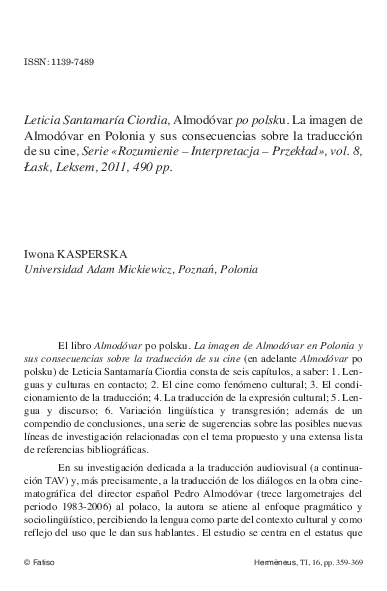 (PDF) Leticia Santamaría Ciordia, Almodóvar po polsku. La imagen de